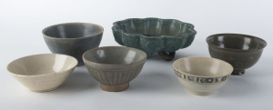 Five assorted ceramic bowls including Sung Dynasty, Tek Sing cargo, Qing Dynasty, Thai and Korean, lotus dish with Bluet & Sons London label, lotus dish 20cm across