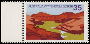 1976 35c Wittenoom Gorge with dramatic variety, 'purple (distant hills) omitted'; BW.749c, Cat.$4,000. Left marginal example together with normal stamp, for comparison. (2 stamps).