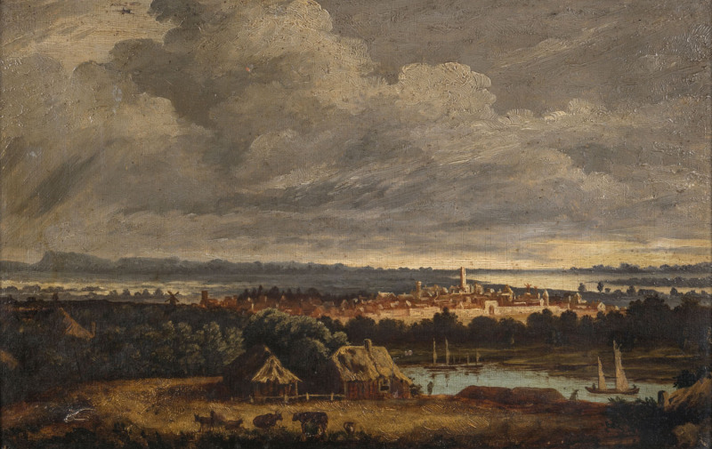 European School, Landscape with walled town, oil on board, 19th Century, 28 x 44cm.