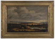 European School, Landscape with walled town, oil on board, 19th Century, 28 x 44cm. - 2