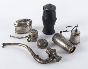 Assorted lime leaf boxes and silver pipe, South East Asia, 19th/20th century, the pipe 18cm long