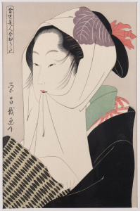 EISHO (active late 18th century), Beauty with a scarf, Japanese woodblock print, mounted, 29 x 27cm