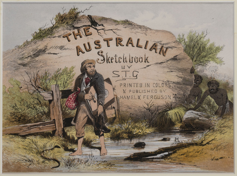SAMUEL THOMAS GILL [1818 - 1880], Frontispiece from The Australian Sketchbook, 1865, and, The Kangaroo Hunters (from the same publication), chromo-lithographs, each 18 x 24cm. also, Native Sepulchre, lithograph from "Sketches in Victoria", 16 x 21cm. (