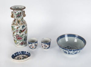 A 19th century Canton ware vase, 18th century export ware tea cups and dish, plus a 19th century blue and white bowl, the vase 25cm high