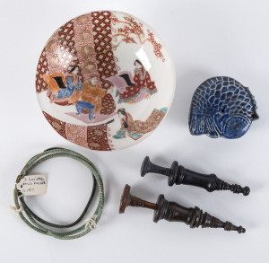 A 19th century Chinese water dropper in the form of a blue glazed fish, 2 pocket flints, South East Asia, a Japanese porcelain dish; plus 3 Iranian bronze bangles, the water dropper 8cm across