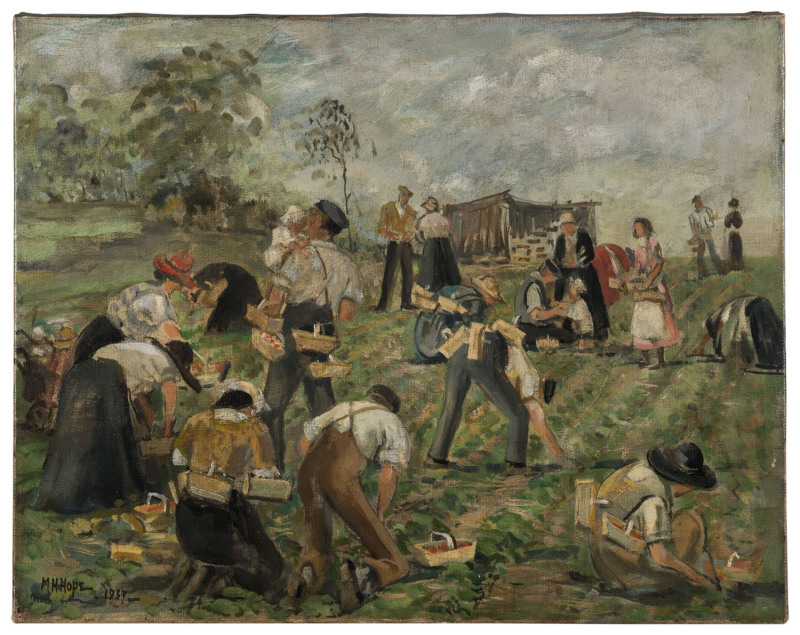 M.H. HOPE, Strawberry Pickers, oil on canvas, signed and dated "1937" lower left, 40.5 x 51cm.