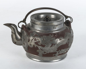 Yi-xing ware Chinese teapot mounted in pewter set with a coin bearing the reign of Kuang Hsu (1875-1908), 18cm wide
