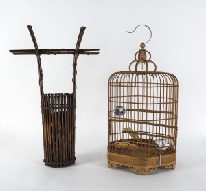 Japanese ikebana basket, Chinese birdcage and lacquered box, 20th century, basket 54cm high