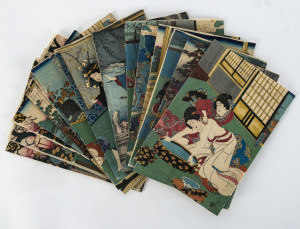 KUNISADA and KUNIYOSHI, crepe paper booklet with 16 Japanese woodblock prints, 21 x 15cm each