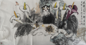 Two Chinese scroll paintings of cats, 20th century, ​the larger 60 x 135cm