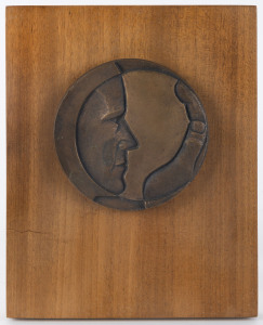 MICHAEL MESZAROS (1945 - ), Crystal Gazer, bronze plaque on wooden board, edition of 25, Raya Gallery label verso, 24 x 19cm overall.