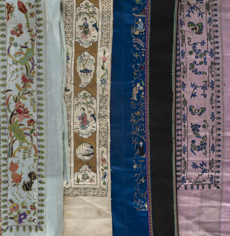 Chinese silk altar cloth and assorted embroidered sleeve and collar edgings, 19th/20th century, altar cloth 78 x32cm