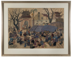 Artist Unknown (Vietnamese), Bustling street market scene, watercolours on silk, dated "Hue' 93" lower right, 50 x 69cm