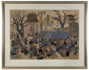 Artist Unknown (Vietnamese), Bustling street market scene, watercolours on silk, dated "Hue' 93" lower right, 50 x 69cm