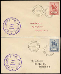 1935 (May 2) 2d & 3d KGV Silver Jubilee on individual covers, with a typed address to A. Meyers, Prahran, Vic., a purple cachet and "Victoria Markets No. 1" cancel. Listed as rare, fine and fresh.