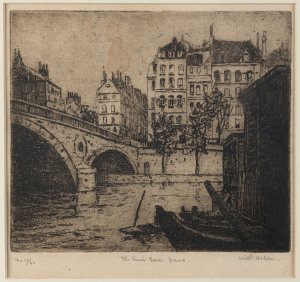 ETCHINGS: 1918 - 1935, The River Seine, Paris by Will Ashton 16/50; Sydney Heads from Cranleigh by John Shirlow 1918; Sunrise by John Shirlow; Portal of the Amsterdam Club, William Street, Melbourne 26/50; Smiling Girl by James Arden Grant. various sizes, (5 items).