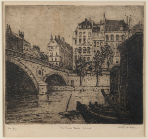 ETCHINGS: 1918 - 1935, The River Seine, Paris by Will Ashton 16/50; Sydney Heads from Cranleigh by John Shirlow 1918; Sunrise by John Shirlow; Portal of the Amsterdam Club, William Street, Melbourne 26/50; Smiling Girl by James Arden Grant. various sizes,