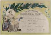 JOHN CAMPBELL LONGSTAFF [1862 - 1941], Shepparton Agricultural Society Annual Spring Exhibition, Certificate of Merit, lithographed in colour by Troedel & Co., dated 1896, 34 x 49.5cm (sight), Awarded to Mrs W. Gilbert in October 1918 for "Hair Work" and