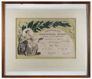 JOHN CAMPBELL LONGSTAFF [1862 - 1941], Shepparton Agricultural Society Annual Spring Exhibition, Certificate of Merit, lithographed in colour by Troedel & Co., dated 1896, 34 x 49.5cm (sight), Awarded to Mrs W. Gilbert in October 1918 for "Hair Work" and - 2