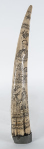 A reproduction scrimshaw walrus tusk, 46cm high