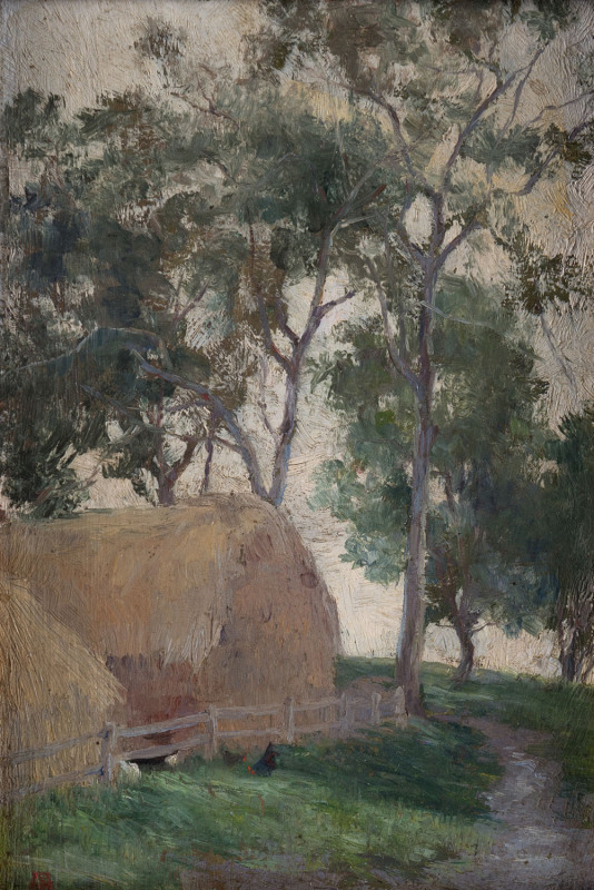 ARTHUR JOSE de SOUZA LOUREIRO [1853-1932] Haystacks, Box Hill Oil on panel, signed with initials 'A. L.' lower left,16.5 x 10.5 cm