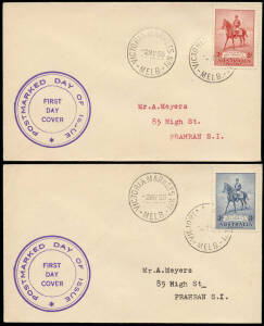 1935 (May 2) 2d & 3d KGV Silver Jubilee on individual covers, with typed address to A. Meyers, Prahran Vic., a purple cachet and "Victoria Markets No.1' cancel. Listed as rare, fine and fresh.
