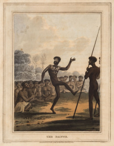 JOHN HEAVISIDE CLARK [1770-1863], from "Field Sports of the Native Inhabitants of New South Wales", i.) Hunting the Kangaroo, ii.) Repose, iii.) The Dance, coloured aquatints, (3), Published by Edward Orme, London, 1813.