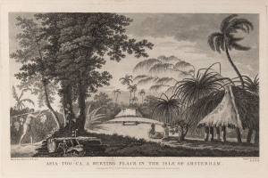 WILLIAM HODGES [1744-1797], Afia-Too-Ca, A burying place in the Isle of Amsterdam, copper engraving (from Cook's "A Voyage towards the South Pole...," 1777), 23 x 38cm. View of a burial place on Tongatabu, the main island of the Tonga group. Cook visited