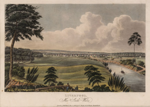 JOSEPH LYCETT [1774 -1828], Liverpool, New South Wales, hand coloured aquatint from “Views in Australia or New South Wales and Van Diemen's Land Delineated...”, Published London J. Souter, 1825, 22 x 30cm.