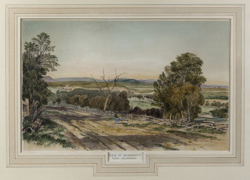 JOHN SKINNER PROUT [1805-1876], View of Heidelberg near Melbourne (from "Views in Melbourne and Geelong", 1847), hand coloured lithograph, signed lower right, 23 x 36.5cm.