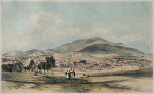 JOHN SKINNER PROUT [1805 - 1876], Hobart Town from the Government Paddock. hand coloured lithograph, signed in the stone lower right 'J.S. Prout' (from "Tasmania Illustrated", 1844). 25 x 41cm.