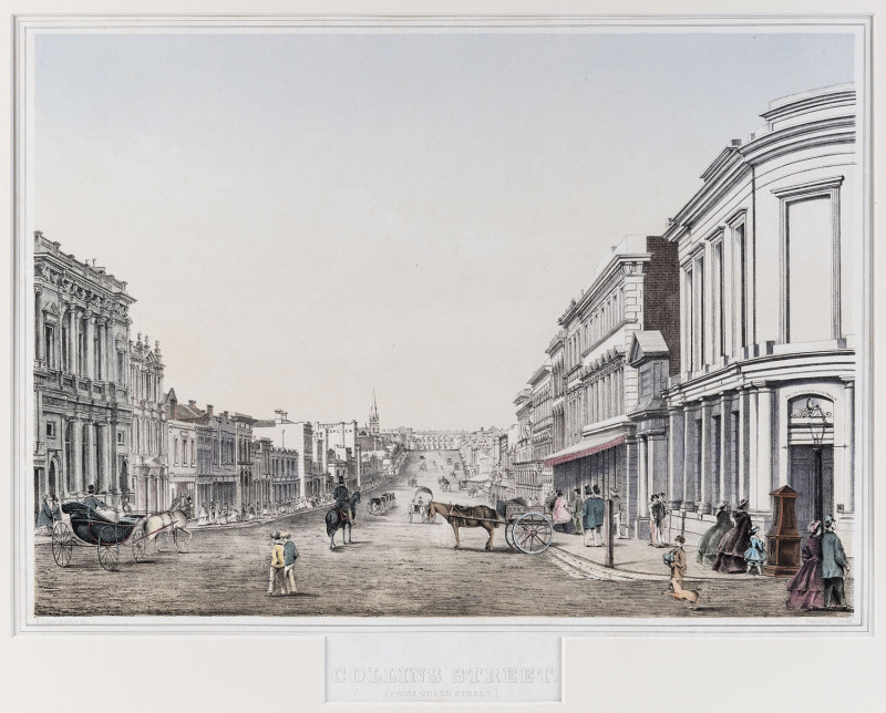 FRANCOIS COGNE [1829-1883], Collins Street [from Queen Street], coloured lithograph (from Charles Troedel's “The Melbourne Album” pub. Melbourne 1863/64), 27 x 38cm.