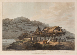 JOHN WEBBER [1751 -1793], Balagans or Summer Habitations, with the method of Drying Fish at St Peter & Paul, Kamtschatka, Aquatint with large margins and very fine hand colour on watermarked paper, 'J. Whatman. 1819'. 33 x 44cm. John Webber was the offic