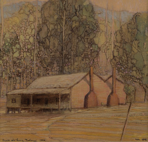 HAROLD (HAL) GYE [1887 -1967], “Den’s old home, Toolangi 1914", gouache, titled lower left, signed lower right, also, "Den's old home, Toolangi 1914" (the scene at dusk), gouache, titled lower left, signed lower right, both 21 x 21cm.