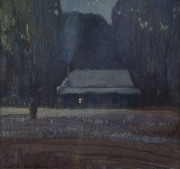 HAROLD (HAL) GYE [1887 -1967], &ldquo;Den&rsquo;s old home, Toolangi 1914", gouache, titled lower left, signed lower right, also, "Den's old home, Toolangi 1914" (the scene at dusk), gouache, titled lower left, signed lower right, both 21 x 21cm. - 2