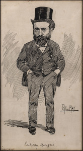 PHIL MAY [1864 - 1903], Railway Speight, pen and ink on paper, titled at the base and signed at right; dated (November 24, 1888), and titled on reverse together with "The Bulletin" copyright handstamp. 35 x 18cm.