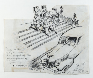 FREDERICK (Fritz) SCHONBACH (b.1920, Vienna), Cartoon: "Look at the way the war has pepped up the emancipation of women for instance", black ink, Chinese white & charcoal on paper, dated 3/11/45 at lower right, 24 x 28 cm (irregular). Schonbach was a "Dunera Boy" who worked on The Australasian Post in 1945-46, when Alan McCulloch was the art editor.