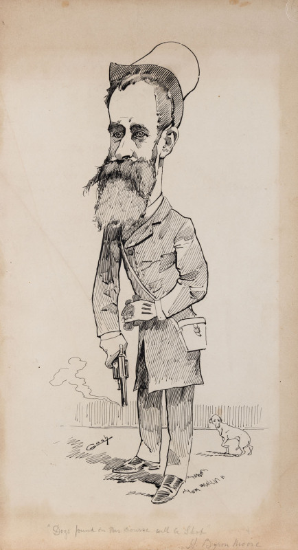 "Gash" (artist), A caricature of H. Byron Moore, with the statement '"Dogs found on this course will be shot" H Byron Moore' in pencil below. pen & ink on board, circa 1890s, 42 x 24cm. also, another caricature (of a judge in gown and toque) by the same