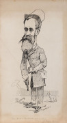 "Gash" (artist), A caricature of H. Byron Moore, with the statement '"Dogs found on this course will be shot" H Byron Moore' in pencil below. pen & ink on board, circa 1890s, 42 x 24cm. also, another caricature (of a judge in gown and toque) by the same 