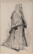 "Gash" (artist), A caricature of H. Byron Moore, with the statement '"Dogs found on this course will be shot" H Byron Moore' in pencil below. pen & ink on board, circa 1890s, 42 x 24cm. also, another caricature (of a judge in gown and toque) by the same - 2