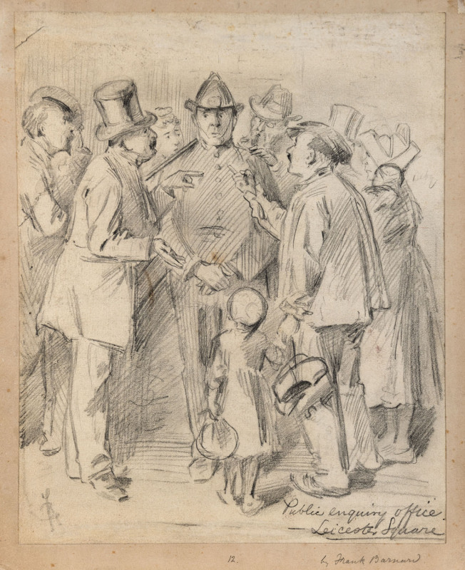 FRANK BARNARD (British), "Public Enquiry Office Leicester Square", pencil on board signed with initials lower left, circa 1900, 9 x 23.5cm.