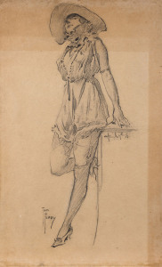 TOM FERRY [Australian], Untitled [Bloomer girl], pencil on board, signed lower left and dates April 17th '18, 35 x 22cm. also, DUDLEY HARDY [British, 1867 - 1922], Untitled [Punters], pencil on card, signed lower left, 31.5 x 16.5cm.