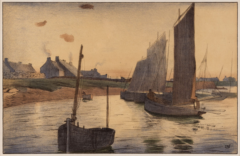 Raoul André ULMANN [French, 1867 - 1932], Tristesse sur la mer, en Bretagne, c 1898, colour lithograph on wove paper, with artist's monogram at lower right, 23 x 35cm. and, Henri JOURDAIN [French, 1864 - 1931], Les Cygnes, c 1898, colour lithograph, wit