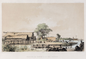 LOUIS Le BRETON [1818- 1866], Pecheurs de Tripang a la Baie Raffles, Hand coloured lithograph by Thierry Frères Paris after Le Breton, 1842, 19 x 31.5cm. Javanese fishermen in the Bay of Raffles. Located at the eastern end of the Cobourg Peninsula, Raffl