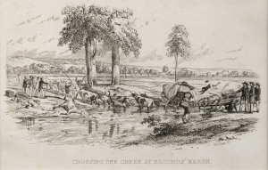 WILLIAM THOMAS STRUTT [1825 - 1915], Crossing the Creek at Bacchus' Marsh, engraving (from Thomas Ham's "The Gold Diggers Portfolio", Melbourne 1854), 13 x 21 cm.