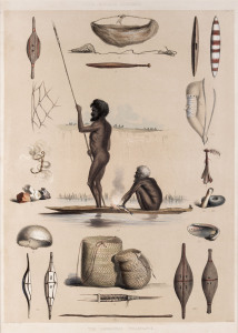 GEORGE FRENCH ANGAS [1822 – 1886], The Aboriginal Inhabitants. (their implements and utensils), two lithographs, printed with tint stone and hand-colouring, from "South Australia Illustrated", 1847, each 46 x 33cm.