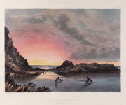 GEORGE FRENCH ANGAS [1822 – 1886], Coast Scene near Rapid Bay. Sunset. Natives fishing with nets. lithograph, printed with tint stone and hand-colouring, from "South Australia Illustrated", 1847, 25 x 35cm.