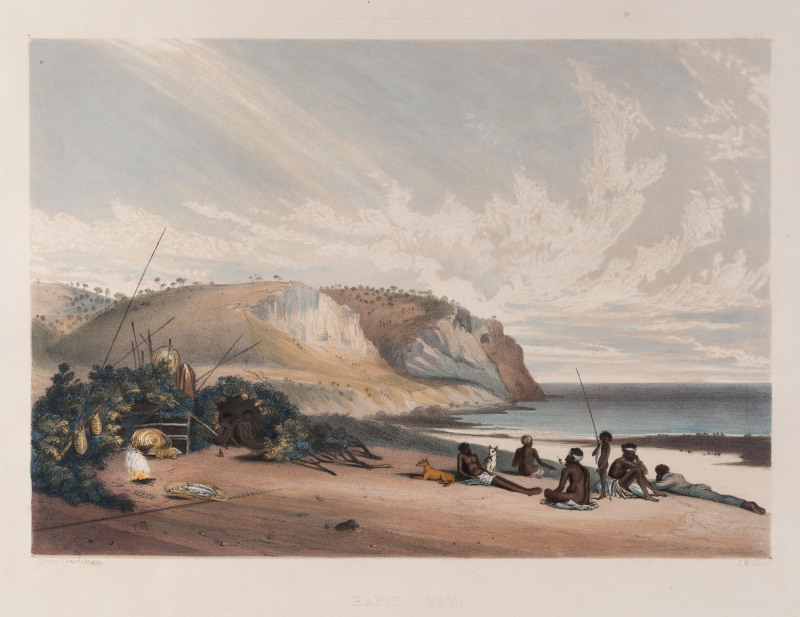 GEORGE FRENCH ANGAS [1822 – 1886], Rapid Bay. Encampment of Yankallilla Blacks. lithograph, printed with tint stone and hand-colouring, from "South Australia Illustrated", 1847, 25 x 35cm.