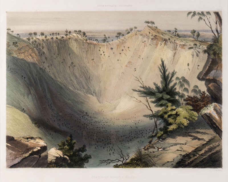 GEORGE FRENCH ANGAS [1822 – 1886], Crater of Mount Schanck, lithograph, printed with tint stone and hand-colouring, from "South Australia Illustrated", 1847, 26 x 35cm.