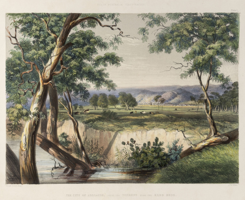 GEORGE FRENCH ANGAS [1822 – 1886], The City of Adelaide, from the Torrens near the Reed Beds, lithograph, printed with tint stone and hand-colouring, from "South Australia Illustrated", 1847, 24.5 x 32.5cm.